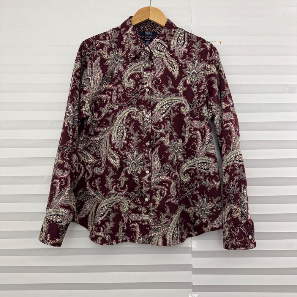 Chaps Womens XL Burgundy Paisley No Iron Cotton Long Sleeve Button Down Shirt
